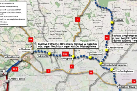 Mapa przedstawia budowę północnej obwodnicy Krakowa w ciągu S52 oraz drogi S7.