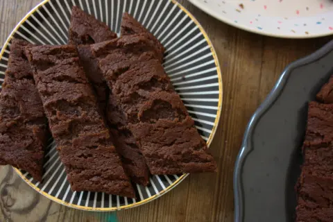 Fredriks fika: chokladsnittar på en svartvitrandig tallrik. Mums!
