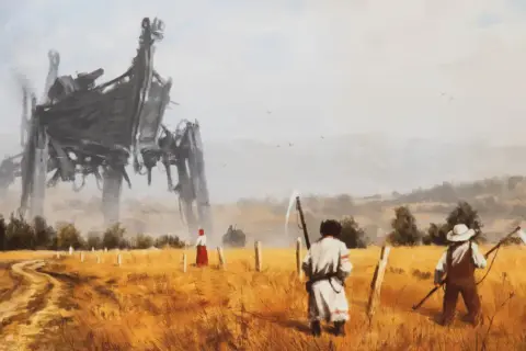 Surrealistyczny polski malarz ukazał mechanicznego kolosa nad polami, gdzie rolnicy z kosami patrzą w jego stronę.