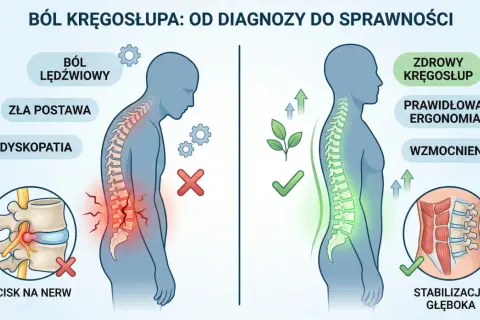 Ilustracja porównująca ból kręgosłupa (zła postawa, ucisk na nerw) ze zdrowym kręgosłupem (ergonomia, wzmocnienie).