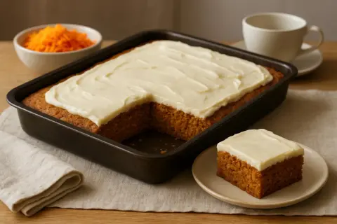 En saftig morotskaka i långpanna med krämig frosting. En bit är upplagd på en tallrik, redo att avnjutas.