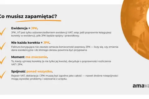 Grafika przedstawia listę kluczowych zasad dotyczących JPK_V7, z zaznaczonymi punktami i ikonami.