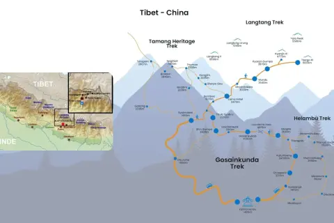 Carte des treks au Népal : Tamang Heritage, Langtang Trek, Helambu et Gosainkunda. Vue aérienne des montagnes.