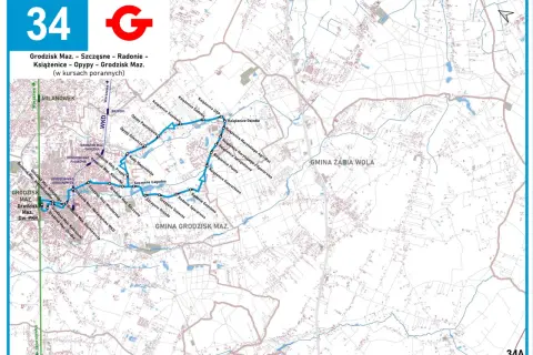 Mapa trasy linii 34 Grodzisk Maz. - Szczęsnesne - Radonie - Książenice - Opy. Trasa biegnie przez Milanówek, Grodzisk Mazowiecki, Książenice i Opy.