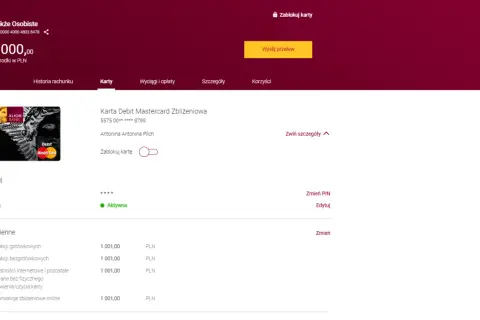 Karta Alior Bank z limitem 1000 zł na wypłatę gotówki. Widok konta osobistego.