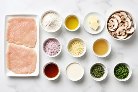 Ingredienser för pasta marsala: kycklingfiléer, mjöl, olivolja, smör, schalottenlök, vitlök, buljong, marsalavin, grädde, timjan och persilja.