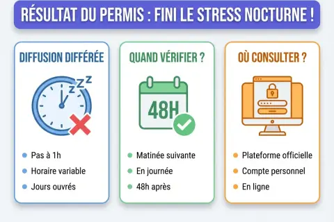 Quand résultat permis : diffusion différée, quand vérifier (48h), où consulter (plateforme officielle).