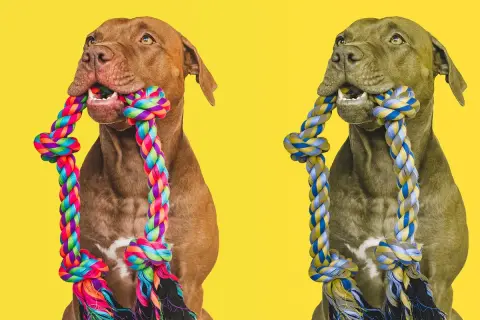 Two dogs, one brown and one grey, chew on colorful ropes. This image hints at how dogs see the world, focusing on textures and movement.
