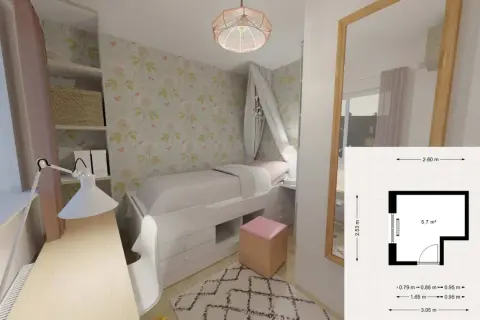 Ein gemütliches kleines Kinderzimmer einrichten: Bett mit Stauraum, Schreibtisch, Spiegel und Wanddeko.