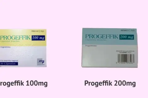 Cajas de Progeffik 100 mg y 200 mg, cápsulas blandas de progesterona.