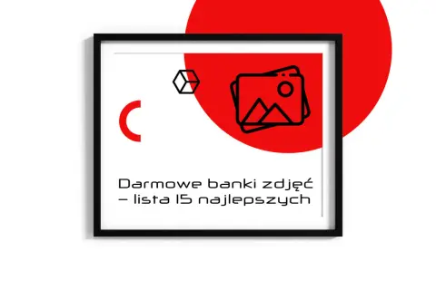 Grafika z tekstem "Darmowe banki zdjęć – lista 15 najlepszych". Stylizowane ikony i czerwone koło.