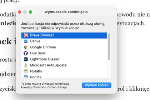 Okno "Wymuszanie zamknięcia" na MacBooku, pokazujące listę aplikacji, w tym Brave Browser. Pomaga, gdy nie wiesz, jak wymusić zamknięcie aplikacji.