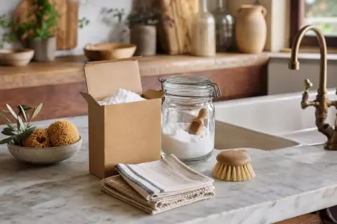 Un barattolo di vetro e una scatola di cartone contengono polvere bianca, che cos'è la soda, pronta per le pulizie ecologiche.