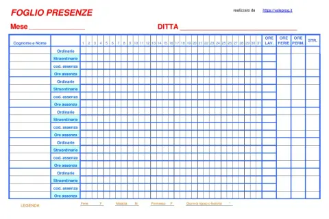 Foglio presenze mensile con colonne per giorni, ore ordinarie, straordinarie, assenze e riepiloghi. Utile per la gestione del foglio ore lavoro.