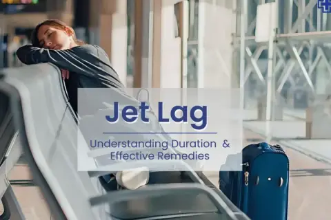 Erschöpfte Reisende am Flughafen, die auf effektive Tipps hoffen, um Jetlag zu vermeiden und die Reise zu genießen.