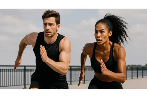 Coppia che corre all'aperto, determinata a raggiungere l'obiettivo di come perdere peso velocemente con allenamento e disciplina.