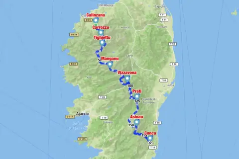 Carte de la Corse montrant le parcours du GR20, de Calinzana à Conca. Idéal pour préparer le GR20 !