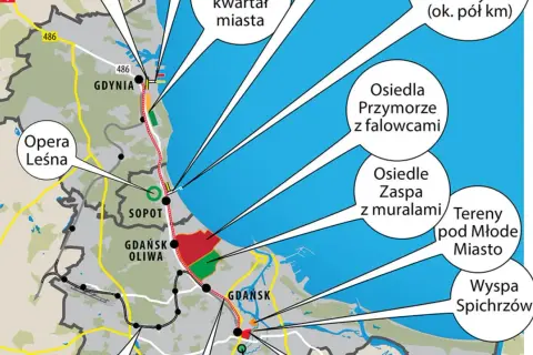 Mapa Trójmiasta z zaznaczonymi atrakcjami: Gdynia, Sopot, Gdańsk, Opera Leśna, Wyspa Spichrzów.