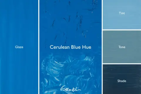 A swatch of cerulean blue paint, showing its glaze, hue, tint, tone, and shade.