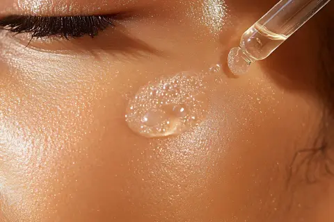 Ein Tropfen Hyaluronsäure-Serum wird auf die Haut aufgetragen. Manche berichten, dass Hyaluronsäure die Poren verstopfen kann, aber hier sieht man die glatte Haut.
