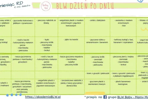Tabela z propozycjami jedzenia dla niemowlaka metodą BLW, podzielona na dni. Znajdziesz tu pomysły na zdrowe posiłki.