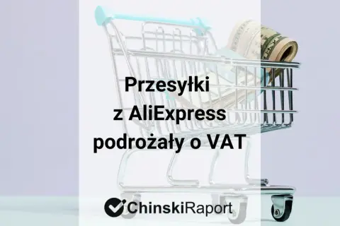 Wózek sklepowy z pieniędzmi w środku symbolizuje, że przesyłki z AliExpress podrożały o VAT.