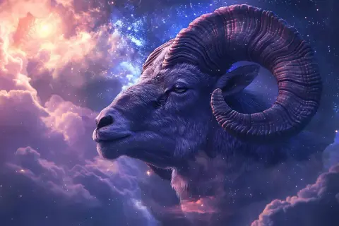 Głowa barana z kosmicznymi rogami na tle mgławic i gwiazd. Symbolizuje siłę i determinację, jak Saturn w Baranie.
