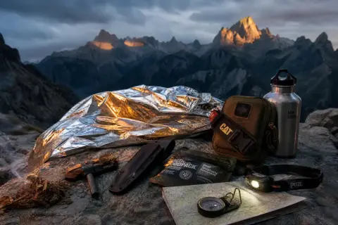 Equipo de bushcraft que es: manta térmica, cuchillo, pedernal, brújula, mapa, botiquín, cantimplora y frontal, listos para la aventura en la montaña.