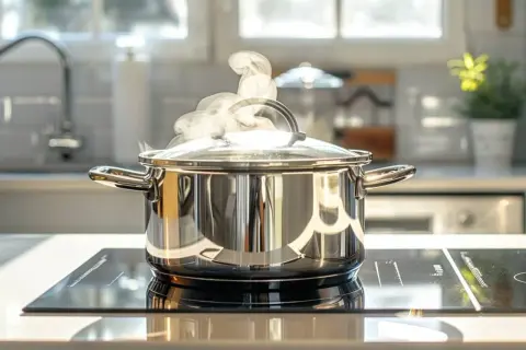 Une belle casserole en inox chauffe sur une plaque à induction, dégageant une vapeur appétissante. Quelle casserole pour induction choisir pour une cuisson parfaite ?