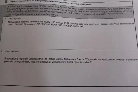 Fragment dokumentu z tekstem dotyczącym wpisu prawa, roszczeń i hipotek.