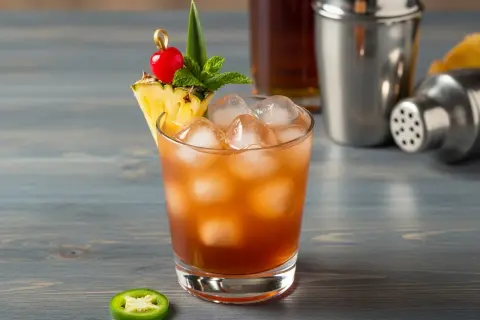 En läskande Mai Tai med ananas, körsbär och mynta. En jalapeño ligger bredvid glaset.