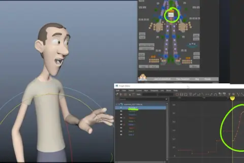 3D character animation with a spline curve in the graph editor, showing a character's surprised expression.