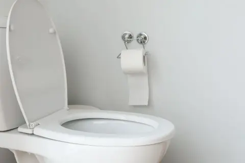 Un WC blanc avec le couvercle ouvert, prêt pour l'évacuation des eaux usées et du WC. Un rouleau de papier toilette est accroché au mur.