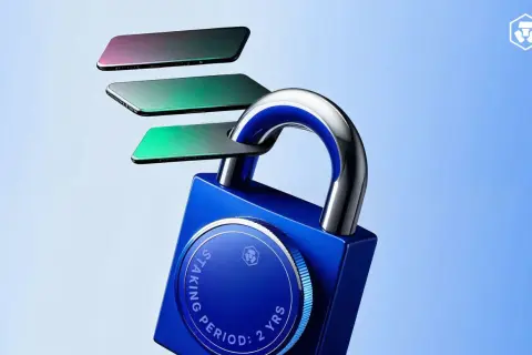 Lucchetto blu con "STAKING PERIOD: 2 YRS" inciso, tre smartphone colorati che passano attraverso l'arco. Sicurezza per il crypto staking.