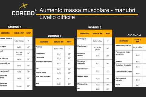 Scheda allenamento trazioni massa: programma di 4 giorni per aumento massa muscolare con manubri, livello difficile.