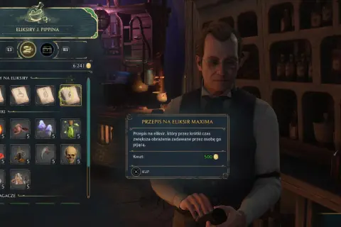 Gracz przegląda przepisy na eliksiry w grze Hogwarts Legacy, szukając eliksiru skupienia.