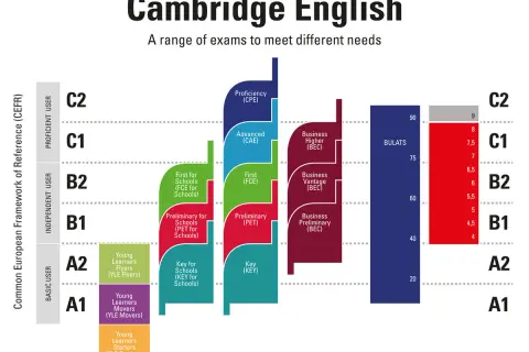 Gráfico de Cambridge English que muestra los niveles de inglés en España, desde A1 hasta C2, con exámenes correspondientes.