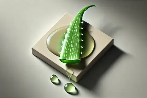 Foglia di aloe vera su un cubo beige, con gocce di gel trasparente che colano.