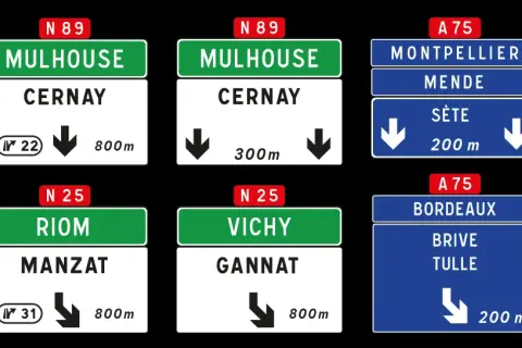 Panneaux autoroute signification : direction Mulhouse, Clermont-Ferrand, Montpellier, Bordeaux.