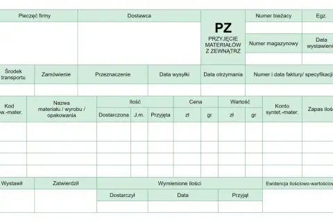 Formularz PZ - przyjęcie materiałów z zewnątrz. Dokumenty magazynowe do wypełnienia.