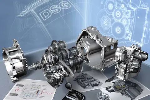 Rozłożona skrzynia biegów DSG, schematy i dźwignia zmiany biegów. Technologia umożliwiająca płynny powershift.
