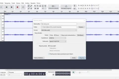 Audacity po polsku: okno eksportu dźwięku z ustawieniami formatu WAV, częstotliwości i kodowania.