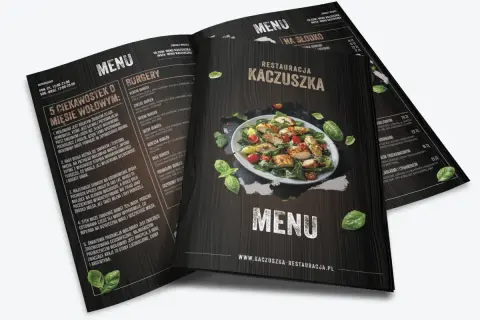 Menu restauracji Kaczuszka z opisem burgerów i deserów. Karta menu projektu zawiera apetyczne zdjęcia potraw.