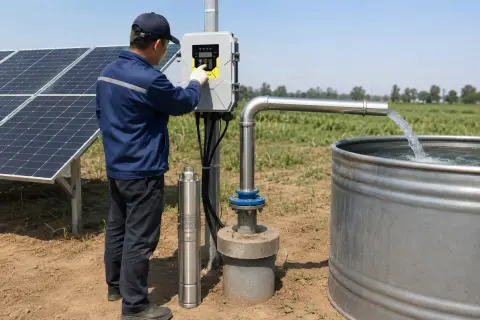 Técnico revisa panel de control de bomba solar. El agua fluye a un tanque. ¿Cómo saber si la bomba de agua está rota?