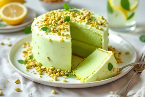 Gâteau vert vif, garni de pistaches concassées. Une part est coupée, révélant les couches. Une recette avec pâte de pistache qui invite à la gourmandise.