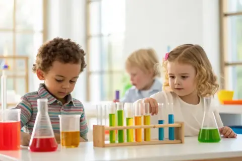 Curious kids engage in fun stem activities for 4 year olds, exploring colorful liquids in a science lab setting.