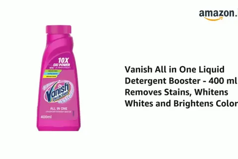 Różowa butelka Vanish Oxi Action z napisem "10X Oxi Power" i logo Amazon.