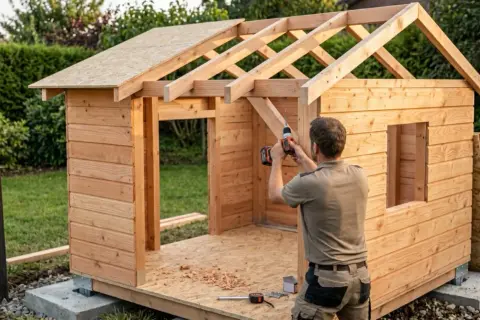 Mann baut ein Spielhaus selber. Holzkonstruktion mit Dachsparren und Wänden wird mit Akkuschrauber montiert.