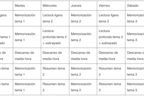 Esquema oposiciones: horario semanal de estudio con lectura, memorización y resúmenes de temas, incluyendo descansos.