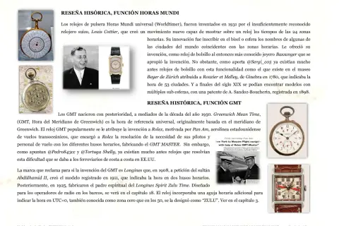 Relojes antiguos y modernos, incluyendo un reloj GMT que muestra múltiples zonas horarias, ideal para viajes.